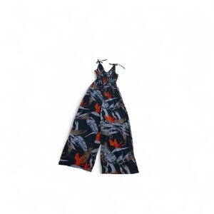 PATRONS OF PEACE Wide Leg Jumpsuit Surplice Smocked Tropical Floral Rayon S